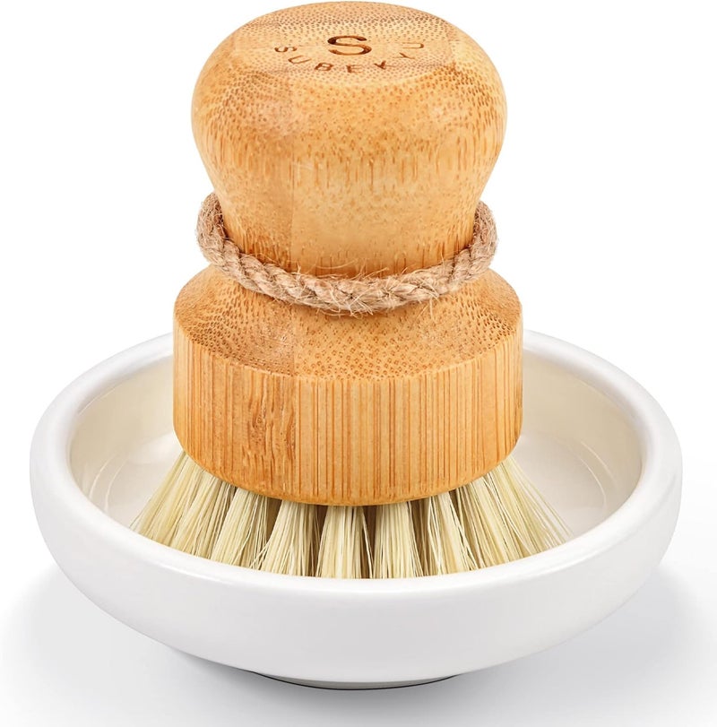 SUBEKYU Bamboo Dish Scrub Brush for Kitchen Sink, Natural Wooden Washing Dish Brush Scrubber with Sisal Bristles for Household Cleaning, Cast Iron Pots, Pans and Vegetables - Image 1