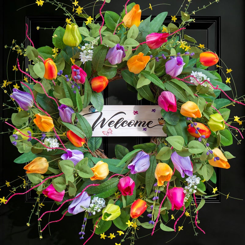 Soomeir Spring Wreaths for Front Door 24 Inch, Tulip Spring Summer Wreath with Welcome Sign, Artificial Floral Spring Door Wreath for Outdoor Front Door, Farmhouse Seasonal Summer Wreath - Image 1