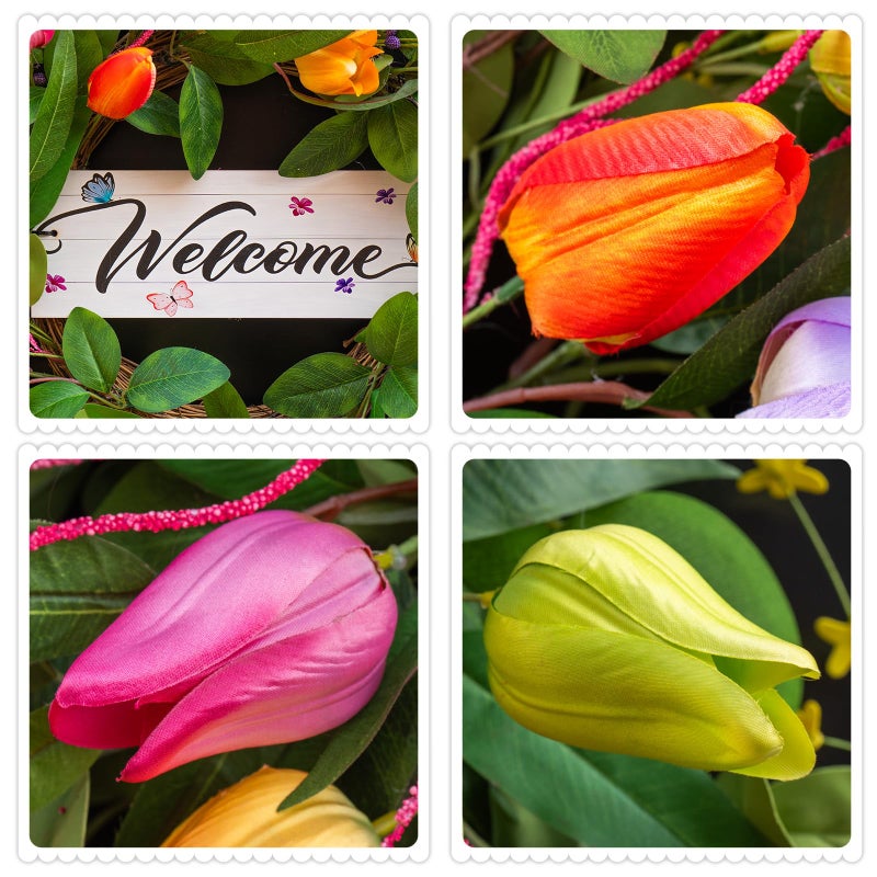 Soomeir Spring Wreaths for Front Door 24 Inch, Tulip Spring Summer Wreath with Welcome Sign, Artificial Floral Spring Door Wreath for Outdoor Front Door, Farmhouse Seasonal Summer Wreath - Image 3