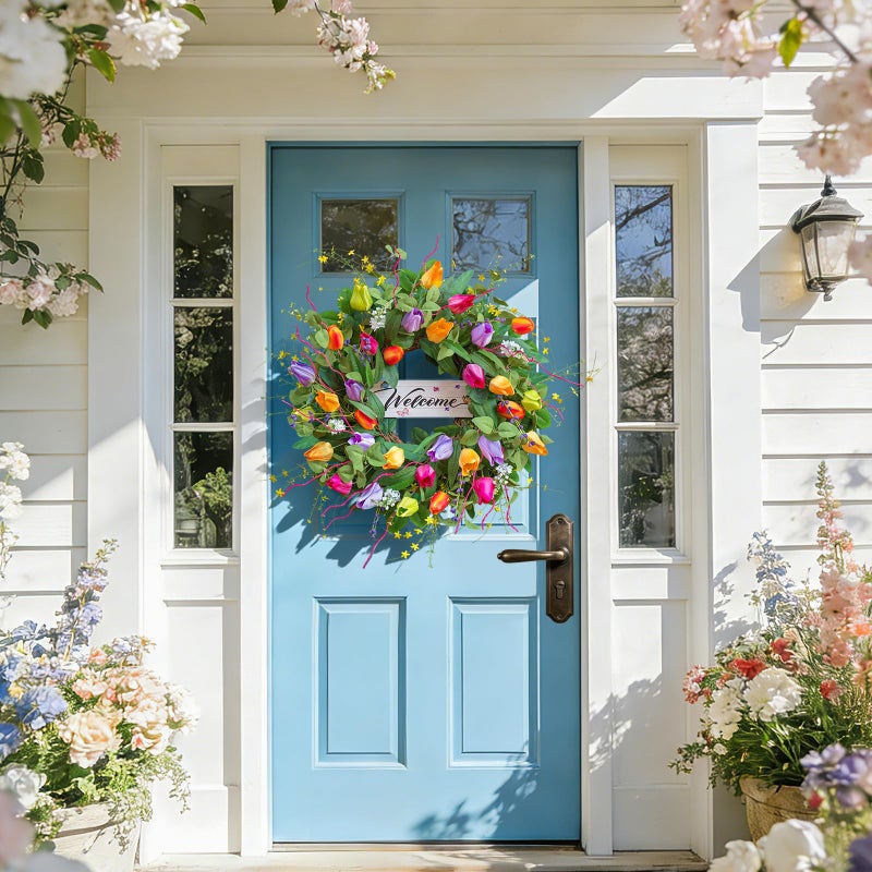Soomeir Spring Wreaths for Front Door 24 Inch, Tulip Spring Summer Wreath with Welcome Sign, Artificial Floral Spring Door Wreath for Outdoor Front Door, Farmhouse Seasonal Summer Wreath - Image 5