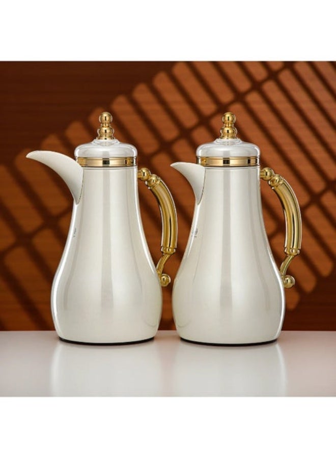 Al Marjan Almarjan Vacuum Flask Set 1L + 1L Pearl White & Gold – Luxury Arabic Coffee & Tea Thermos Set with Double Wall Insulation for Hot & Cold Beverages - Image 1