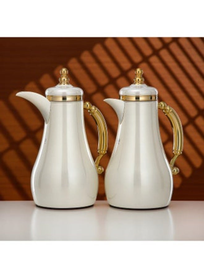 Al Marjan Almarjan Vacuum Flask Set 1L + 1L Pearl White & Gold – Luxury Arabic Coffee & Tea Thermos Set with Double Wall Insulation for Hot & Cold Beverages - Image 2