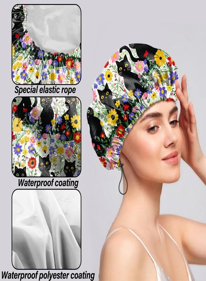 Cabreche 2 PCS Shower Cap Reusable Waterproof Double Layers Hair Caps Shower Bath Adjustable Elastic Hat for Women Girls Cute Aesthetic-Grass Black Cat - Image 3