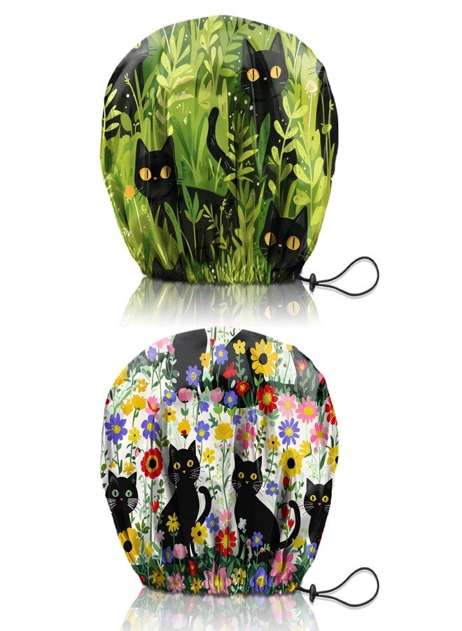 Cabreche 2 PCS Shower Cap Reusable Waterproof Double Layers Hair Caps Shower Bath Adjustable Elastic Hat for Women Girls Cute Aesthetic-Grass Black Cat - Image 1