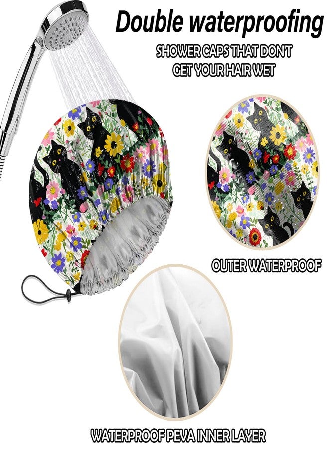 Cabreche 2 PCS Shower Cap Reusable Waterproof Double Layers Hair Caps Shower Bath Adjustable Elastic Hat for Women Girls Cute Aesthetic-Grass Black Cat - Image 5