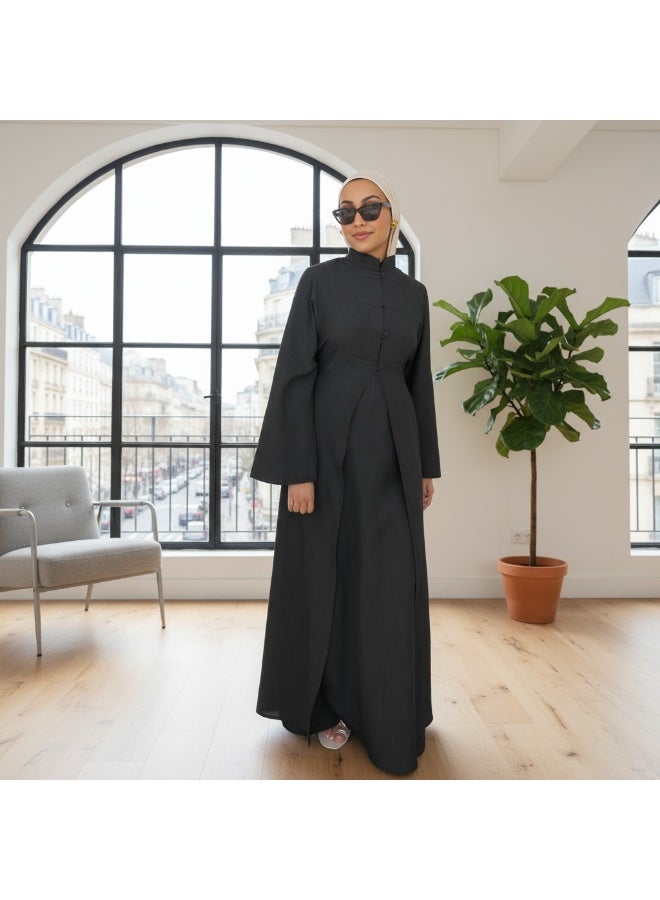 Women Mandarin Collar Frog Button 2 Piece Abaya Set Flared Sleeve Loose Maxi Dress - Image 1