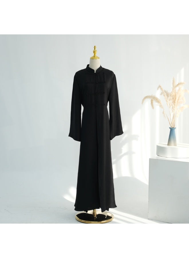 Women Mandarin Collar Frog Button 2 Piece Abaya Set Flared Sleeve Loose Maxi Dress - Image 3