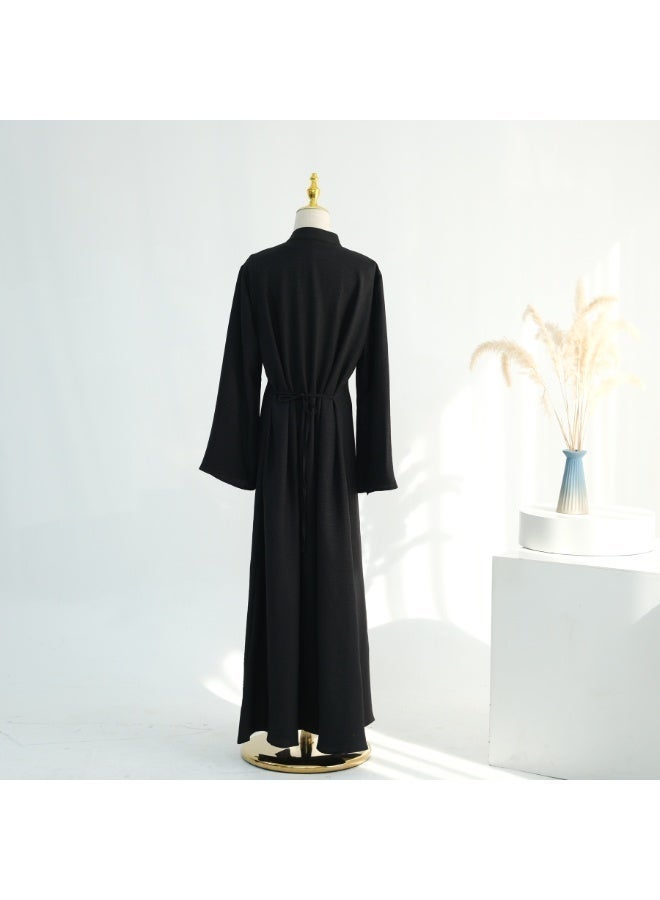 Women Mandarin Collar Frog Button 2 Piece Abaya Set Flared Sleeve Loose Maxi Dress - Image 2