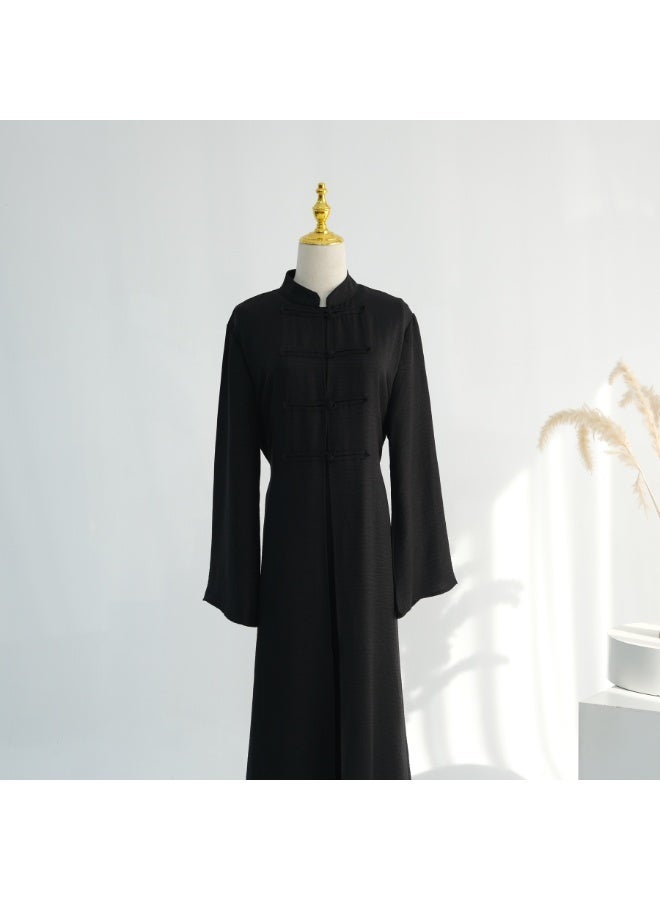 Women Mandarin Collar Frog Button 2 Piece Abaya Set Flared Sleeve Loose Maxi Dress - Image 4