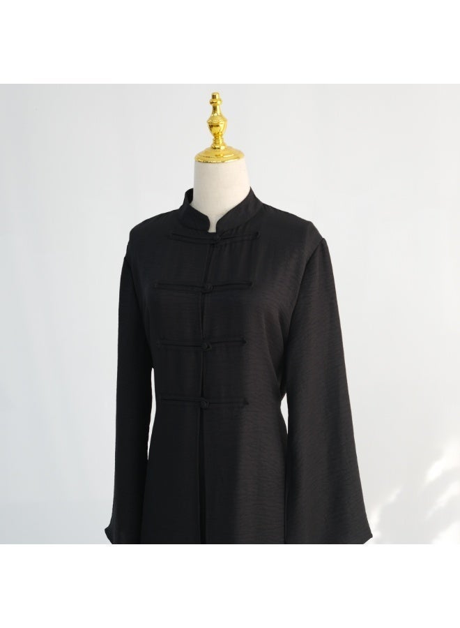 Women Mandarin Collar Frog Button 2 Piece Abaya Set Flared Sleeve Loose Maxi Dress - Image 5