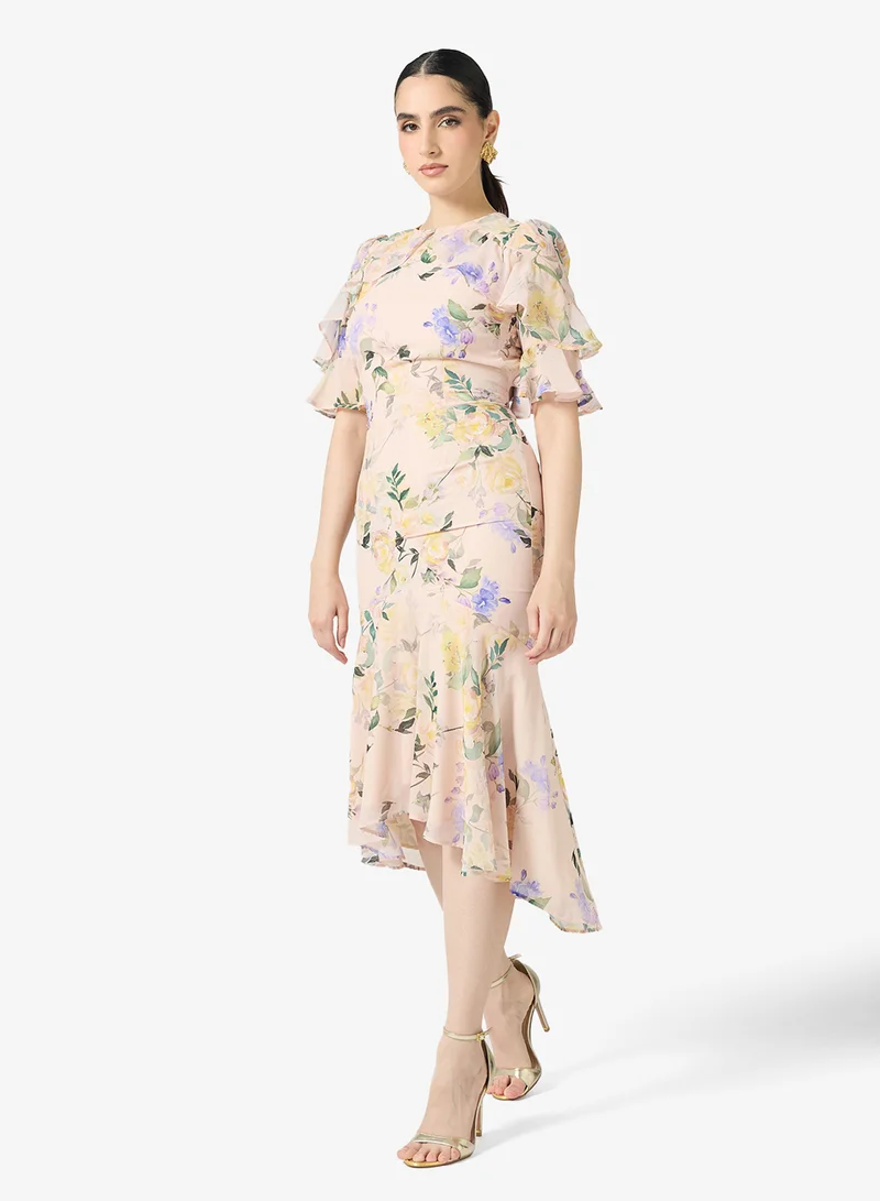 هوب اند ايفي فستان ضيق متوسط الطول بياقة عالية وظهر مفتوح وكشكشة