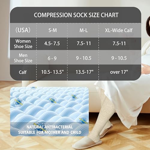 LEVSOX Cotton Compression Socks for Women&Men 20-30 mmHg Knee High Extra Thick Graduated Support Sock for Nurses, Pregnant Women, Travel and Flight, 2 Pairs, Grey, Beige - Image 5