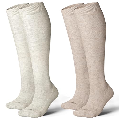 LEVSOX Cotton Compression Socks for Women&Men 20-30 mmHg Knee High Extra Thick Graduated Support Sock for Nurses, Pregnant Women, Travel and Flight, 2 Pairs, Grey, Beige - Image 1