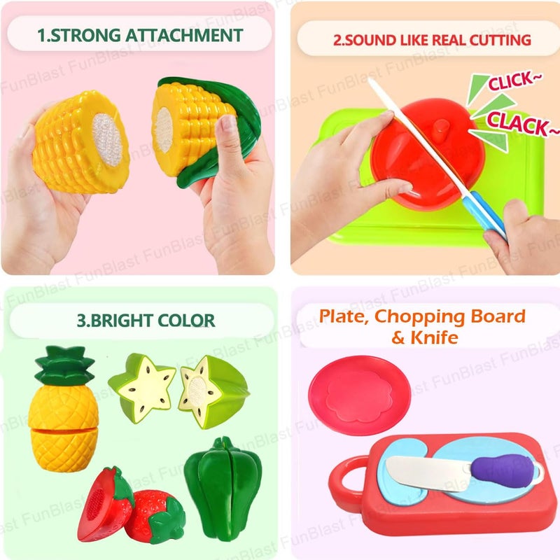 FunBlast Fruits and Vegetables Play Set Toys - 11 Pcs Realistic Sliceable Cutting Fruits and Vegetable Pretend Play Kitchen Toys for Kids, Play Food Toys with Chopping Board & Knife (Multicolor) - Image 4