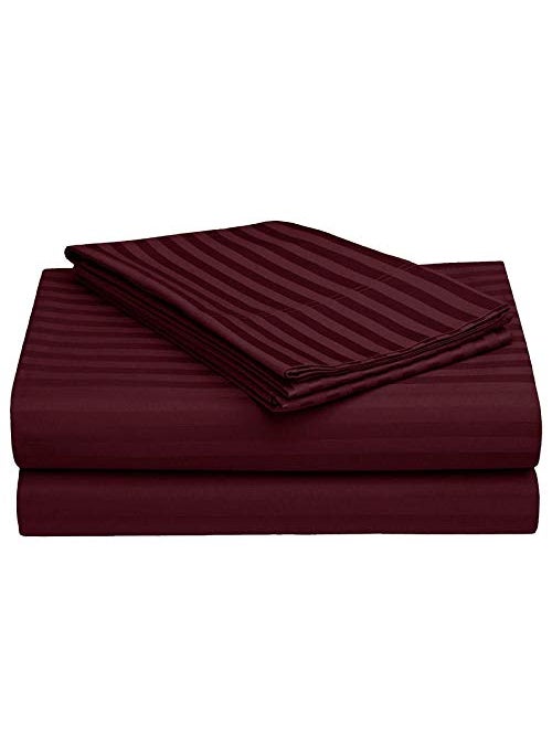Furnishmate FURNISHMATE 300 TC Cotton Satin Striped Double Queen and King Size Plain Bedsheet with 2 Pillow Covers Premium Luxury Hotel Collection Solid Stripes 90 x 100 Wine  - Image 2
