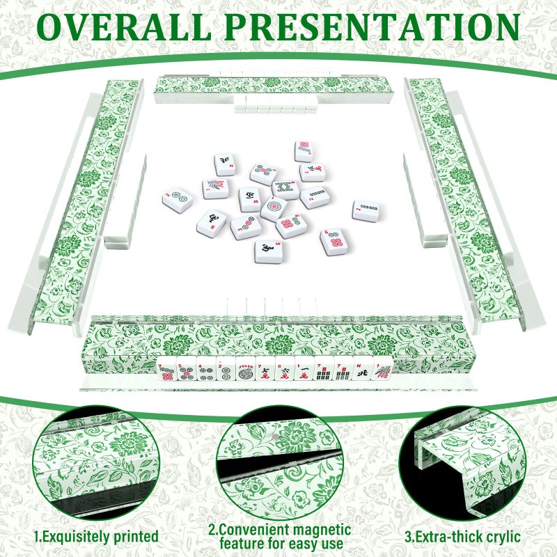 LaRandom 4 Pack Magnetic Chinoiserie Mahjong Tile Racks with Removable Acrylic Pushers, 18.5 Inch Length American Mahjong Racks Holders with Pattern, Fits All Tile Sets(Green Floral) - Image 4