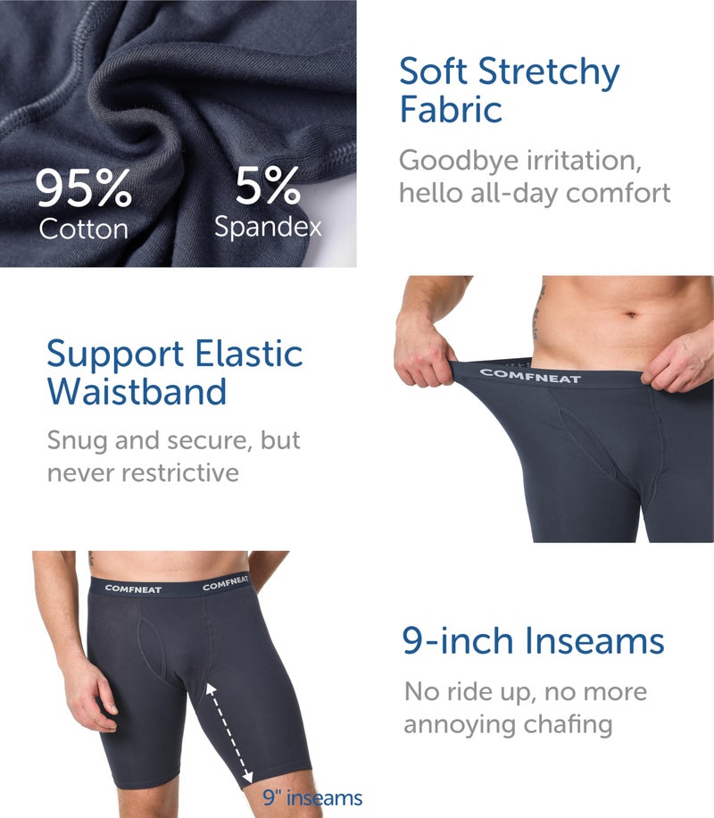 Comfneat Men's 9" Long Leg Cotton Boxer Briefs Stretchy Comfy Underwear 4-Pack (Black+Dark Grey 4-Pack, XL) - Image 4
