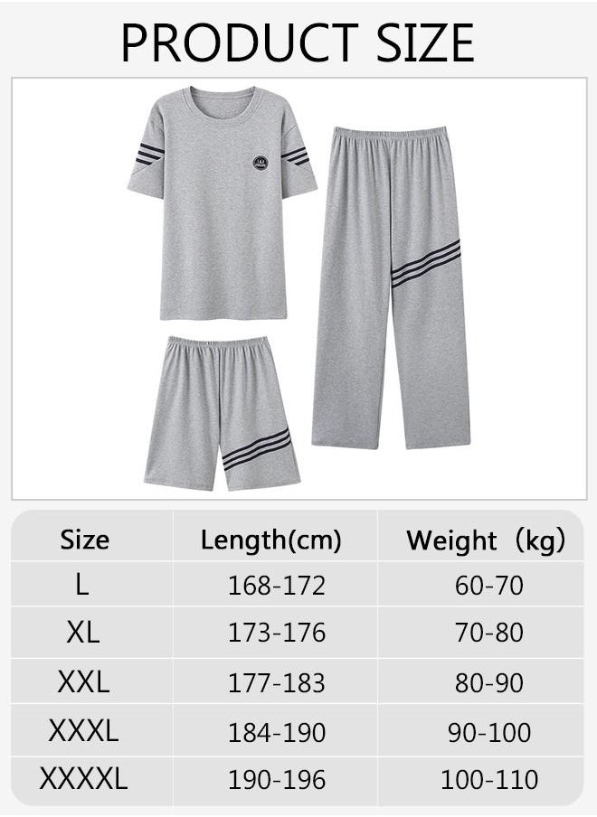 DUNISO - 3-Piece Men's Pajamas Sets with Short Sleeves Trousers and Short Pants Males Round Neck Sleepwear Cotton Nightgown Loungewear  Homewear Clothes - Image 1