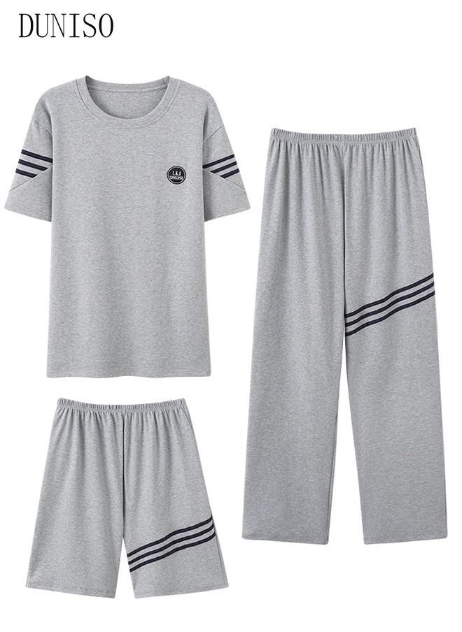 DUNISO - 3-Piece Men's Pajamas Sets with Short Sleeves Trousers and Short Pants Males Round Neck Sleepwear Cotton Nightgown Loungewear  Homewear Clothes - Image 1