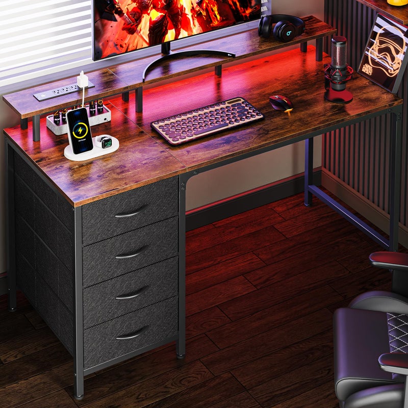 Huuger 47 Inch Computer Desk with Power Outlets and LED Lights, Gaming Desk with 4 Drawers, Office Desk with Monitor Stand, Study Work for Home Office, Small Spaces, Rustic Brown - Image 1