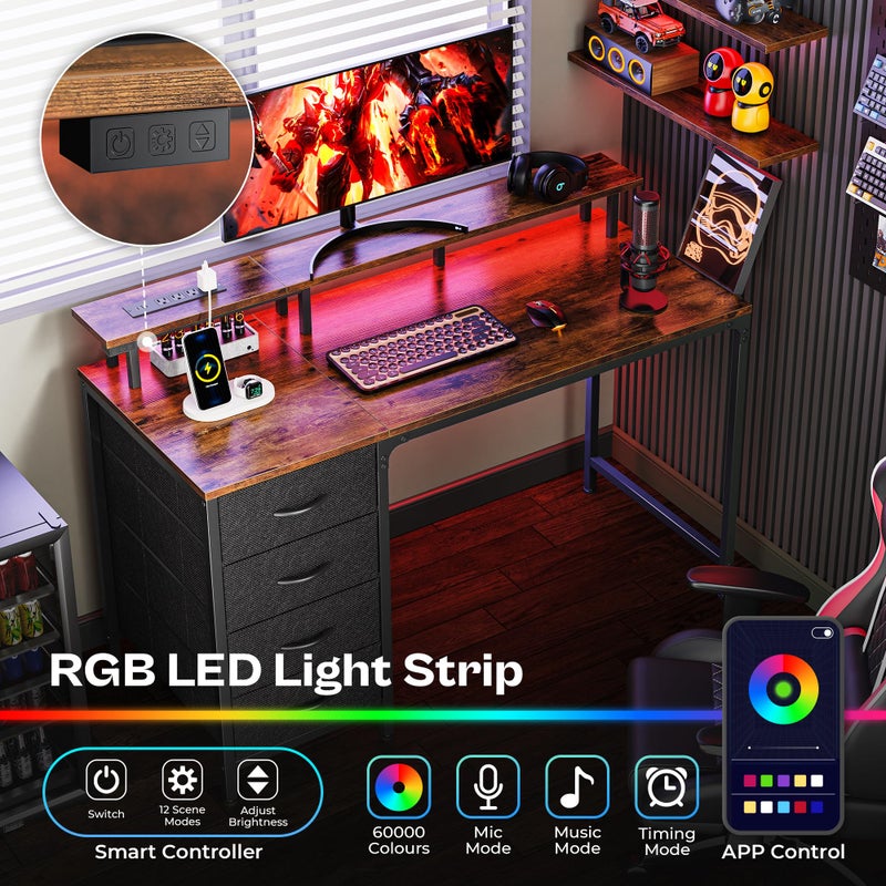 Huuger 47 Inch Computer Desk with Power Outlets and LED Lights, Gaming Desk with 4 Drawers, Office Desk with Monitor Stand, Study Work for Home Office, Small Spaces, Rustic Brown - Image 2
