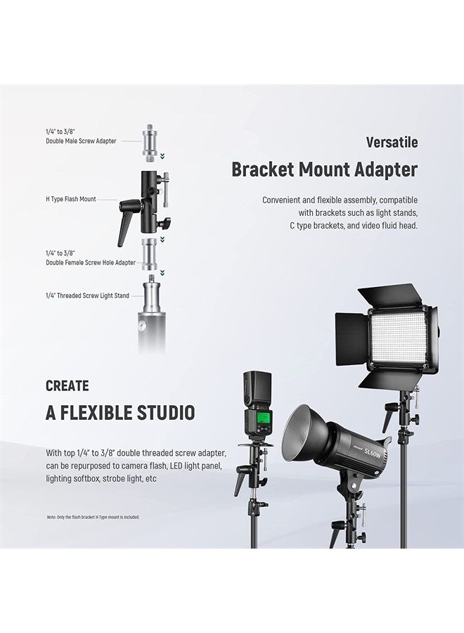 NEEWER Camera Flash Bracket H-Type Mount with Umbrella Softbox Holder, 180° Swivel Adjustable Metal Light Stand Adapter with 1/4" to 3/8" Screw Adapter for Speedlite LED Lamp Light Stand Tripod - Image 3