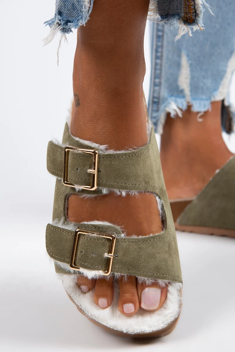 Manijero Manijero Anjelic Fur-Lined Women's Genuine Leather Double Buckle Fur-Lined Khaki Suede Slippers