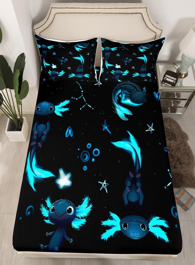 Homewish Cute Axolotl Bedding Set Twin Size Black Blue Axolotl Bed Set for Girls Teens Bedroom Decor Kids Kawaii Animals Fitted Sheet Soft Microfiber Salamander Bed Cover(1 Fitted Sheet+1 Pillow Case) - Image 3