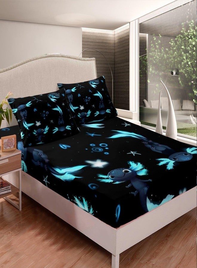 Homewish Cute Axolotl Bedding Set Twin Size Black Blue Axolotl Bed Set for Girls Teens Bedroom Decor Kids Kawaii Animals Fitted Sheet Soft Microfiber Salamander Bed Cover(1 Fitted Sheet+1 Pillow Case) - Image 2