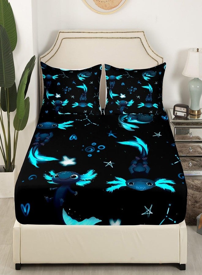 Homewish Cute Axolotl Bedding Set Twin Size Black Blue Axolotl Bed Set for Girls Teens Bedroom Decor Kids Kawaii Animals Fitted Sheet Soft Microfiber Salamander Bed Cover(1 Fitted Sheet+1 Pillow Case) - Image 1