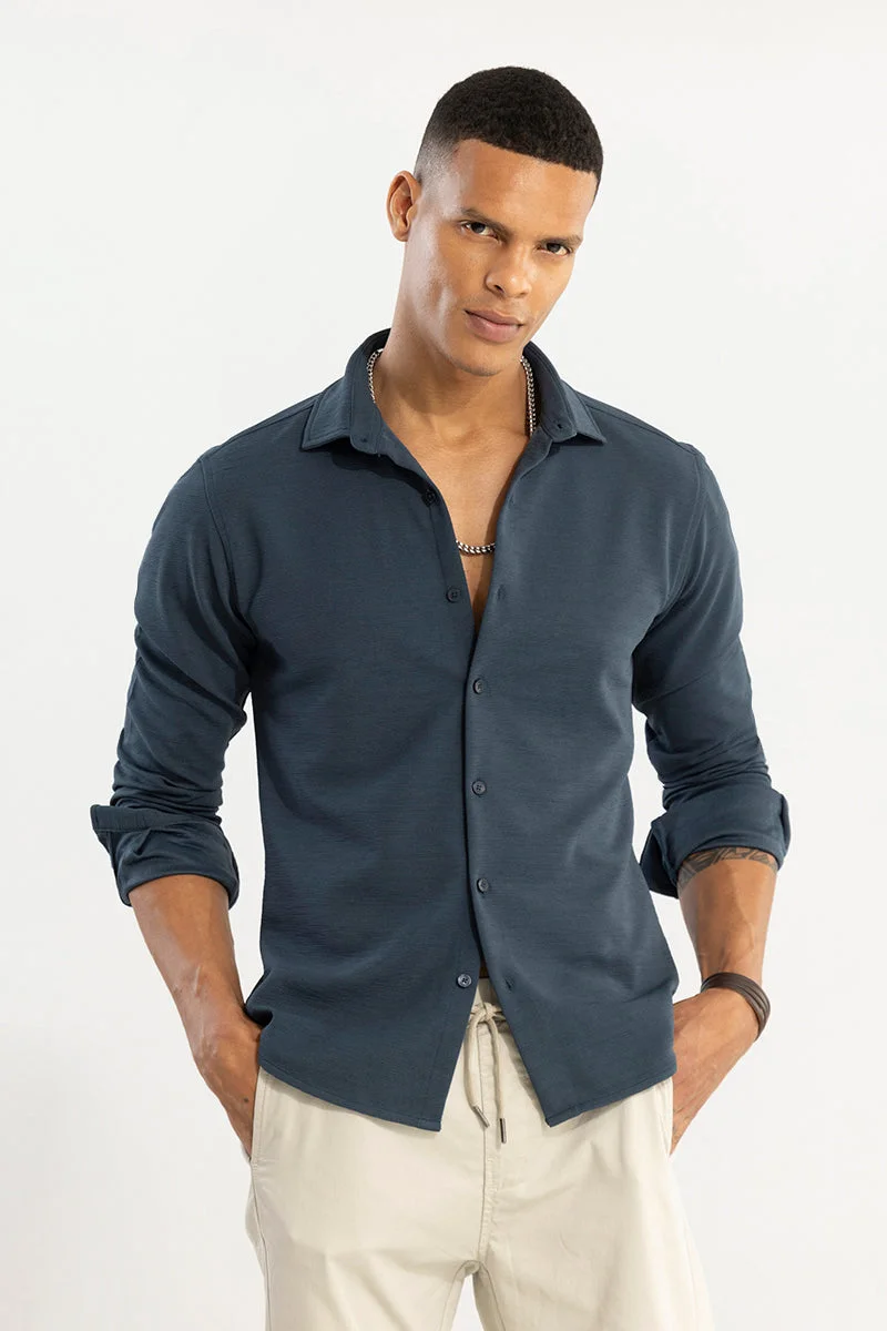 سنيتش Teal Textured Long Sleeve Slim Fit Casual Shirt