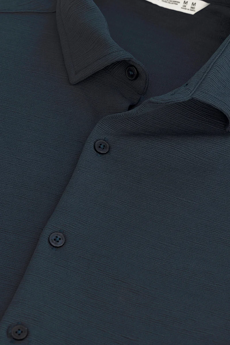 سنيتش Teal Textured Long Sleeve Slim Fit Casual Shirt