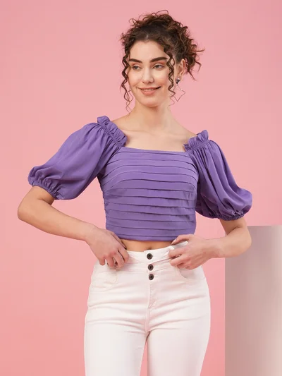 globus Women Puff Sleeve Gathered Crop Top