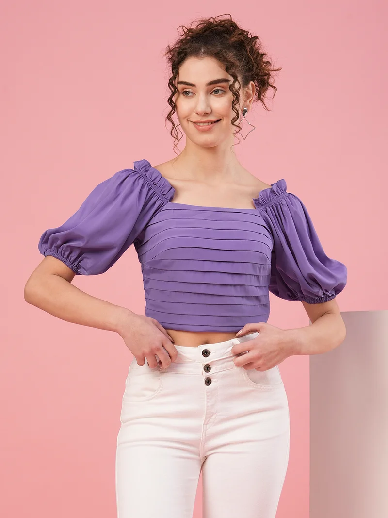 globus Women Puff Sleeve Gathered Crop Top