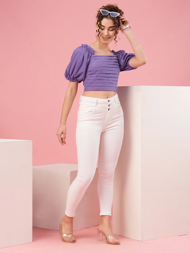 globus Women Puff Sleeve Gathered Crop Top