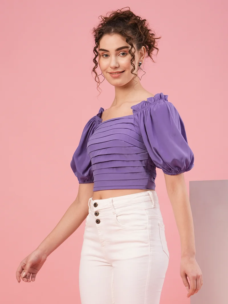 globus Women Puff Sleeve Gathered Crop Top