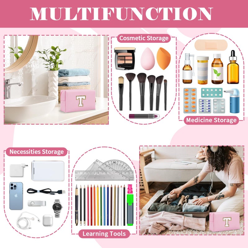 ChaoGreat حقيبة مكياج أولية مخصصة من A-Z Preppy Patch حقيبة مستحضرات تجميل صغيرة على شكل حرف Pu Chenille مع سحاب للفتيات المراهقات حقيبة منظم أدوات الزينة الوردية اللطيفة حقيبة مكياج هدية للنساء والفتيات حرف T - Image 5
