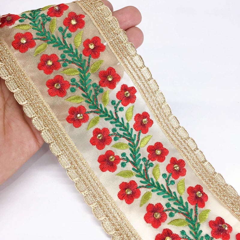 Lami - 9 Mts. Red Resham Embroidery Border & Gold Lace Piping, Designer Saree Lace, Embroidery On Tissue Fabric, Bridal Lehenga, Saree Dupatta, Suit, Anarkali Border, Indian Trims, Fashion Sari Border - Image 1