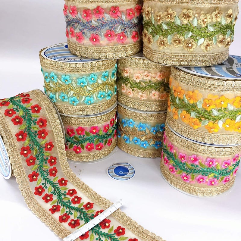 Lami - 9 Mts. Red Resham Embroidery Border & Gold Lace Piping, Designer Saree Lace, Embroidery On Tissue Fabric, Bridal Lehenga, Saree Dupatta, Suit, Anarkali Border, Indian Trims, Fashion Sari Border - Image 2