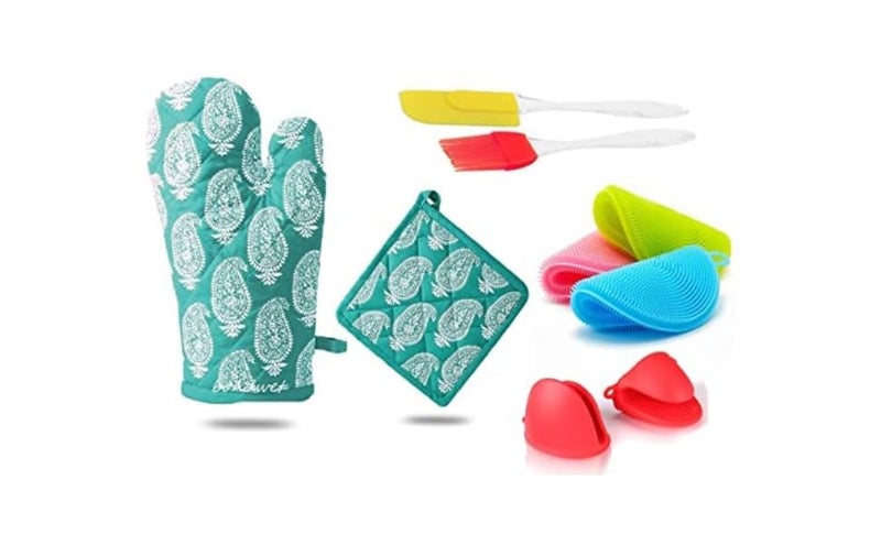 JAGDIV Cotton Padded Oven Gloves Heat Proof MultiColor Silicon Brush Spatula Set of 2 Silicone Microwave Oven Heat Resistant Pinch Grip Mitten Washing Sponge for Kitchen Set of 1