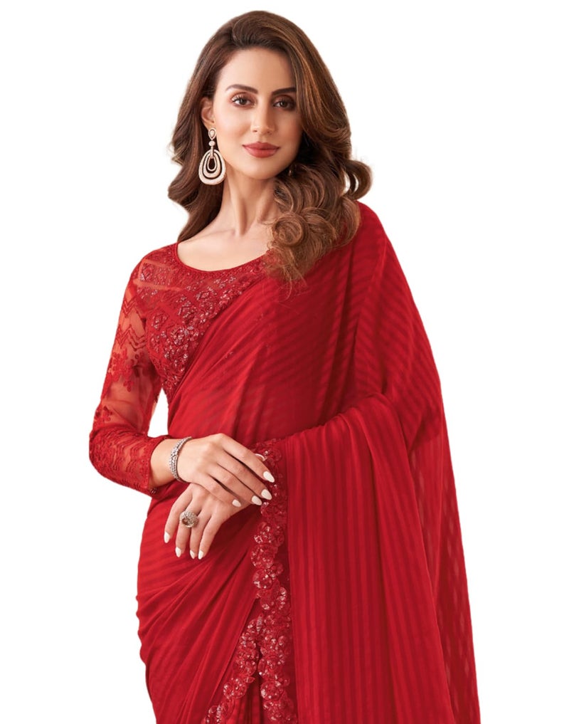 SIRIL Women's Self Woven, Lace Georgette Saree with Unstitched blouse(2992S2671_Red) - Image 1