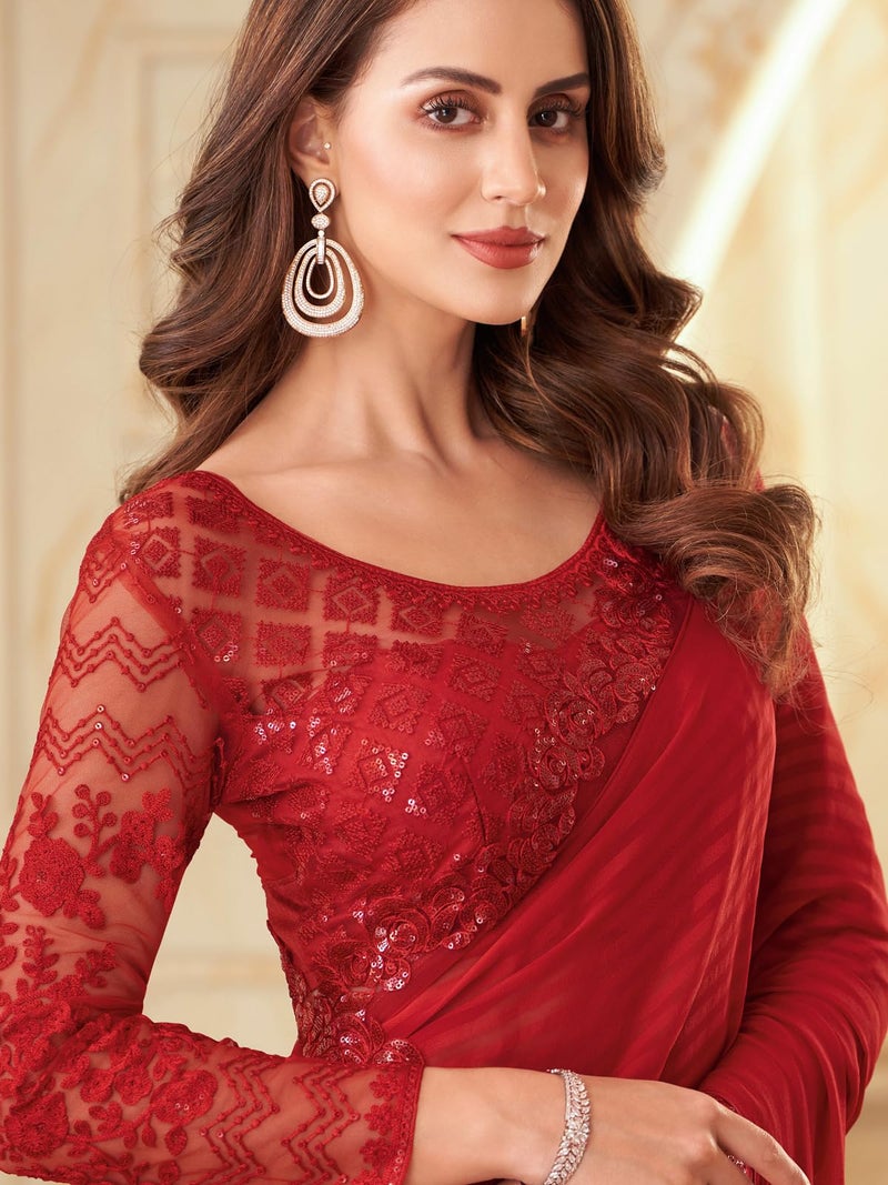 SIRIL Women's Self Woven, Lace Georgette Saree with Unstitched blouse(2992S2671_Red) - Image 3