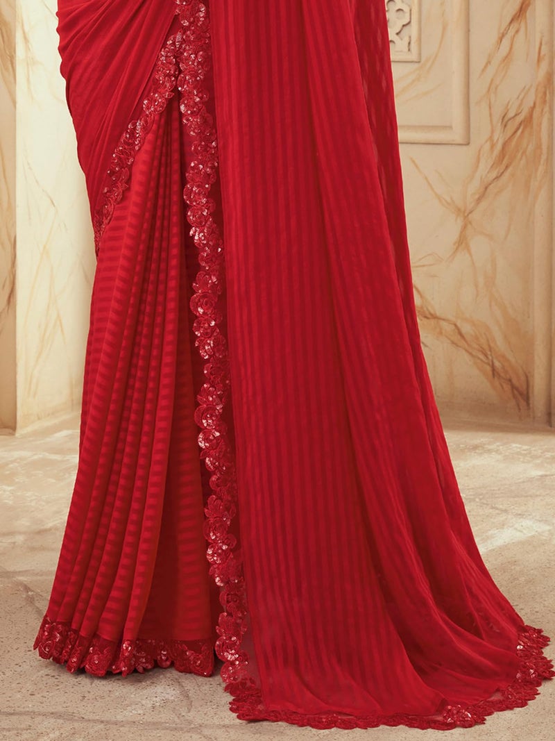 SIRIL Women's Self Woven, Lace Georgette Saree with Unstitched blouse(2992S2671_Red) - Image 5