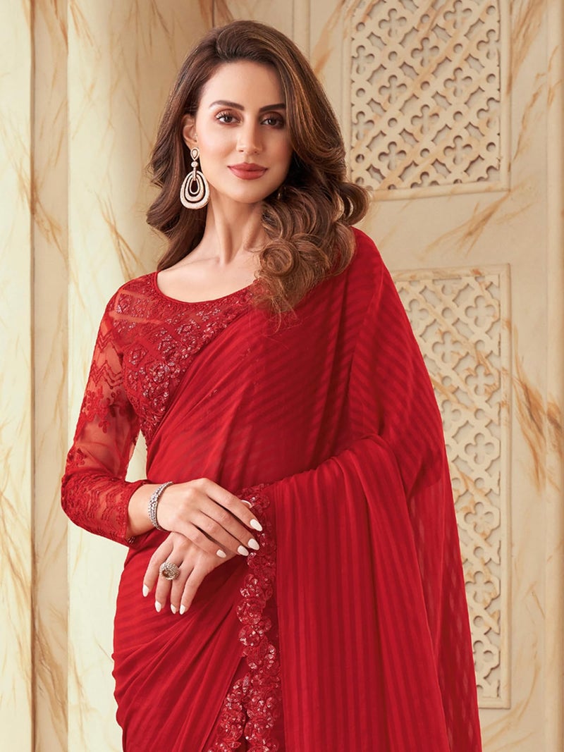 SIRIL Women's Self Woven, Lace Georgette Saree with Unstitched blouse(2992S2671_Red) - Image 4