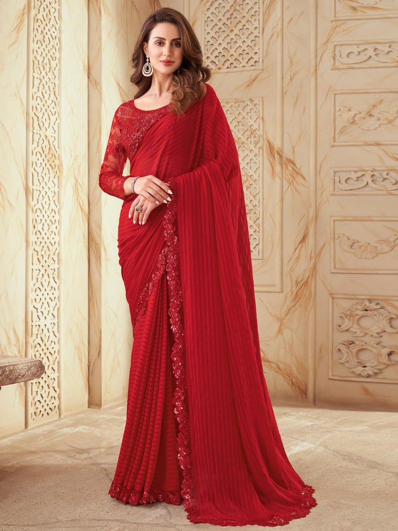 SIRIL Women's Self Woven, Lace Georgette Saree with Unstitched blouse(2992S2671_Red) - Image 2
