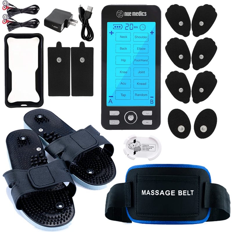 NueMedics Rechargeable Tens 24 Muscle Stimulator Complete Set Flex Snap on Belt for Lower Back Slippers Pain Relief Therapy Muscle Recovery NeuropathyArthritis Bursitis Tendonitis Sciatica