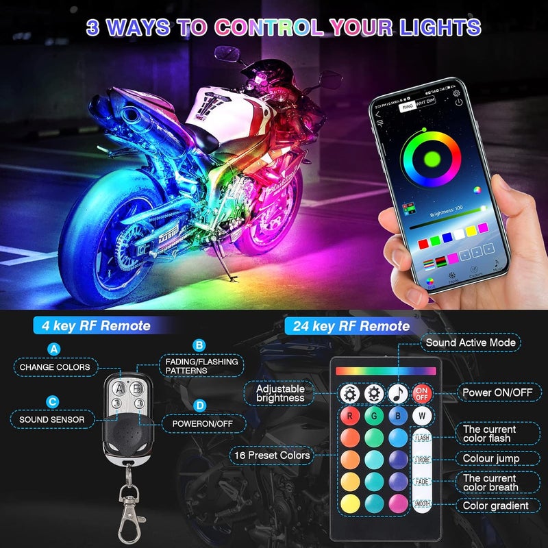 TDE Explorer.Lighting 8 Pcs Motorcycle RGB Lights Strip LED Lighting Kit with Remote Control - Image 2