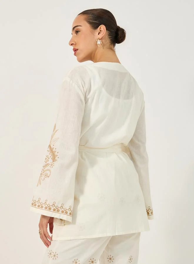 Styli Embroidered Long Sleeves Belted Kimono