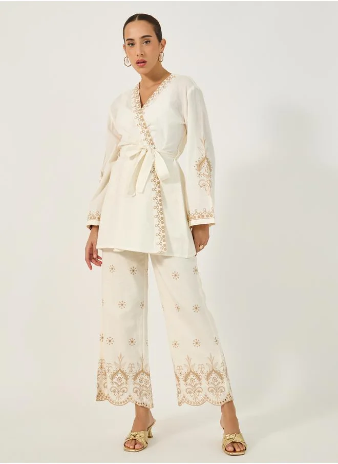 ستايلي Embroidered Long Sleeves Belted Kimono