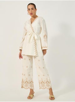 Styli Embroidered Long Sleeves Belted Kimono  - Image 2